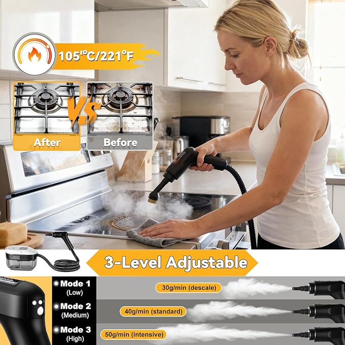 2500W Portable Handheld Steam Cleaner54oz Large Capacity3-Level Adjustable Handle15s Fast Heating Steamer for Cleaning with 20 Pcs AccessoriesPlug-and-Play Steam Cleaner for HomeCarKitchenMore