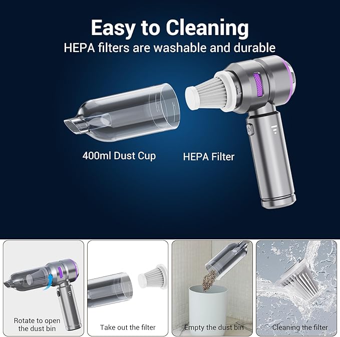 Portable Mini Car Vacuum Cleaner – Powerful Cordless Handheld Vacuum 21000Pa Suction Rechargeable Long Runtime 3 Adjustable Power Levels Lightweight 2-in-1 Suction &amp Blowing Function