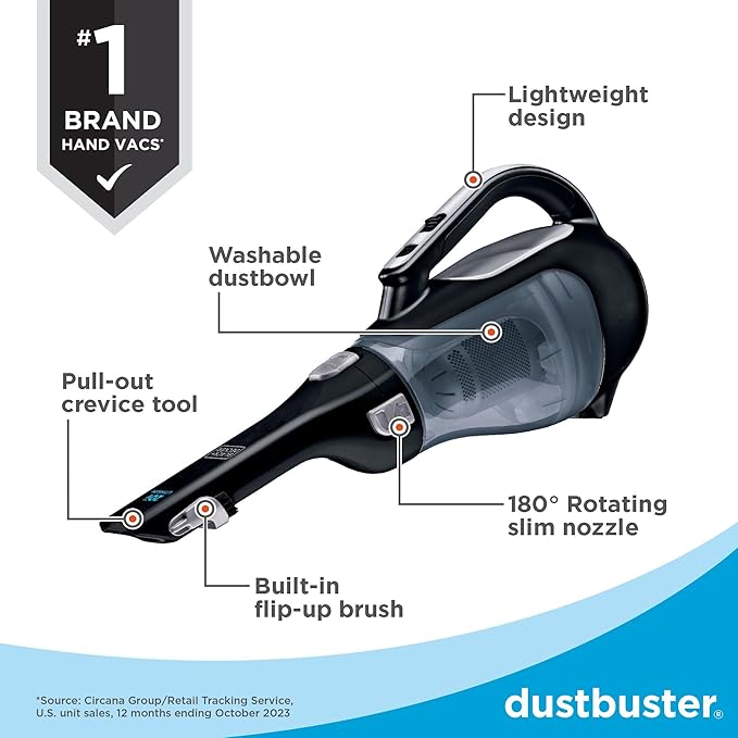 BLACK+DECKER dustbuster 20V Hand Vacuum Cordless Rechargeable Car Vacuum Portable Powerful Suction AdvancedClean Hand Vac with Extendible Crevice Tool Flip-Up Brush and Charging Base (BDH2000L)