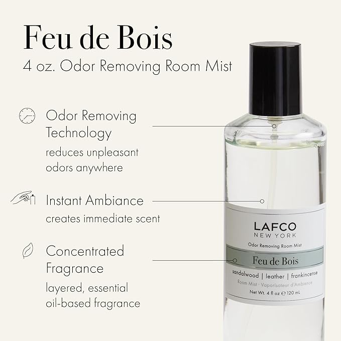 LAFCO New York Odor Removing Room Mist Feu de Bois - 4 oz - Eliminates Unpleasant Scents &amp Provides Luxurious Fragrance - Up to 750 Pump Sprays Per Bottle - Made in the USA
