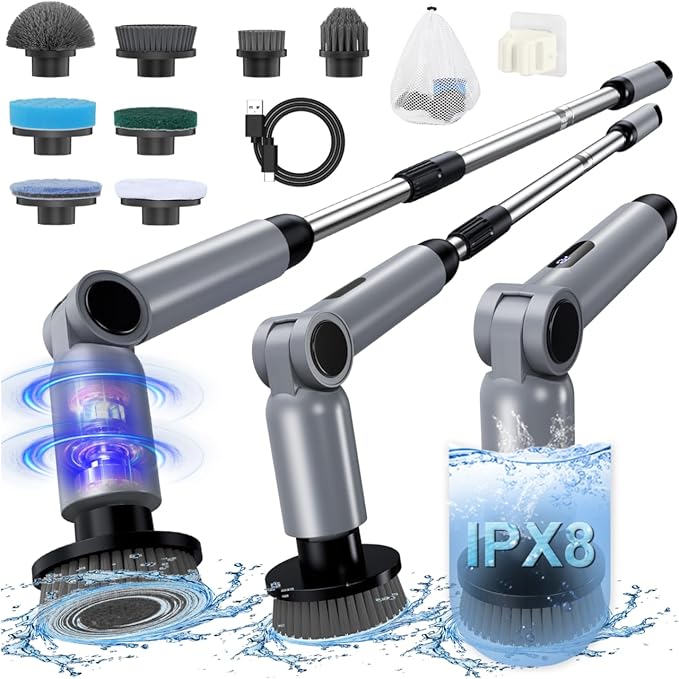 Electric Spin Scrubber [IPX8 Waterproof ] [50KG Torque] Shower Scrubber with 9 Brush Heads 2 Speed Mode 4 Adjustable Angles Electric Brush for Cleaning for Bathroom Floor Tile (Gray)