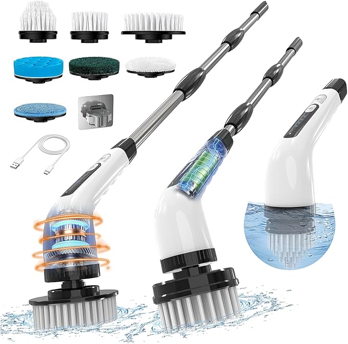 Electric Spin Scrubber Cordless Cleaning Brush Shower Scrubber with 7 Replaceable Brush 2 Speeds and Adjustable Extension Handle for Bathroom Shower Bathtub Glass Car(White)