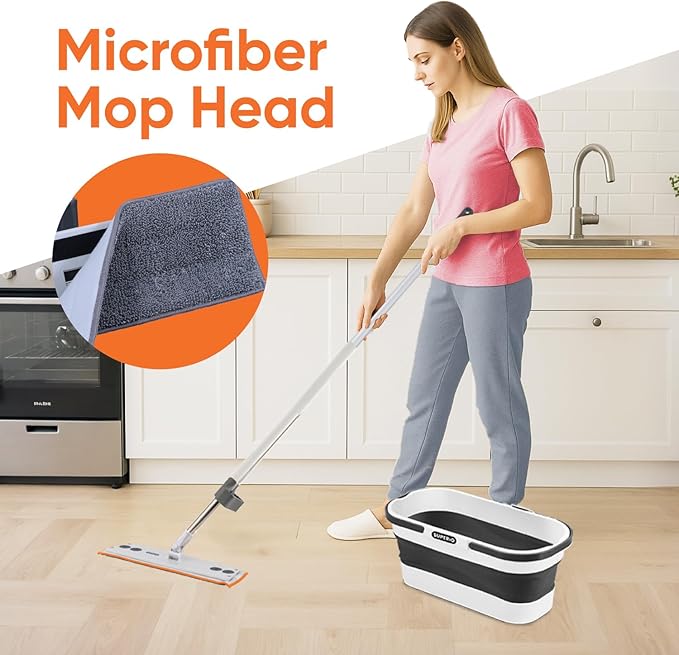 Superio Fold N' Go 10L Collapsible Mop Bucket with Wheels &amp Self-Wringing Microfiber Flat Mop - Portable Hands-Free Cleaning Set for Home Car Kitchen Bathroom Hardwood &amp Tile Floors