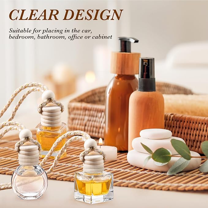 Zubebe 500 Pcs Hanging Car Diffuser Bottles Bulk 5 Styles Empty Glass Refillable Air Freshener Bottles with Wooden Cap for Perfume Essential Oils Fragrance Aromatherapy Ornament 8ml 10ml