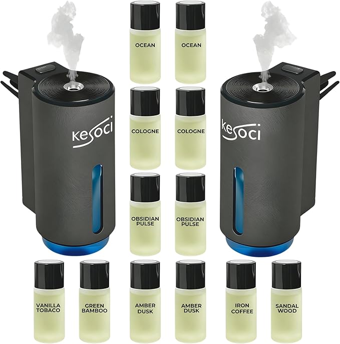 2 Smart Car Air Freshener Diffusers – Rechargeable Auto Scent Device Set with 12 Refills – Anti-Leak System 3 Spray Modes &amp Motion Sensor Auto On/Off