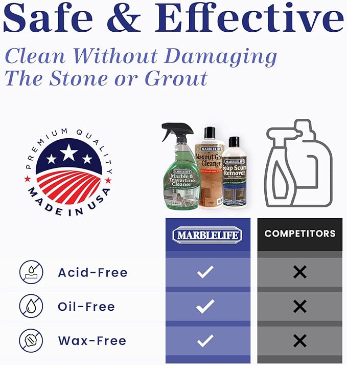 Marblelife Bathroom Combo Kit With Marble &amp Travertine Cleaner MaxOut Deep Grout Cleaner for Tile Floors Soap Scum Remover For Shower &amp Other Surfaces Includes A Cleaning Cloth