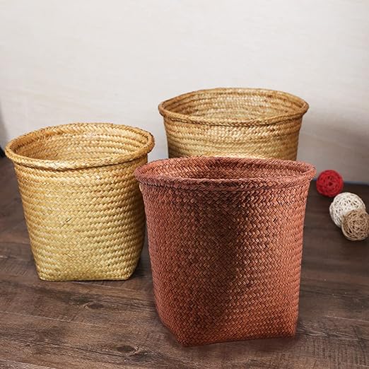 1pc Straw Woven Wastebasket Retro Garbage Can for Home Multi-Functional Storage Basket Smooth Edges Craftsmanship for Living Room Bedroom Office