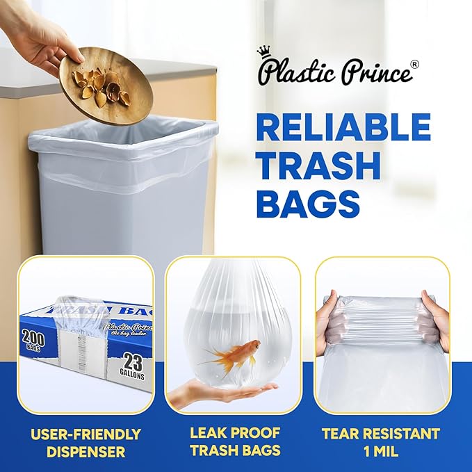 23 Gallon Trash Bags 1 Mil Clear Waste Bags Fits Slim Jim 23 Gal Trash Cans 29 x 44 Tall Garbage Trash Can Liners 200 Pack