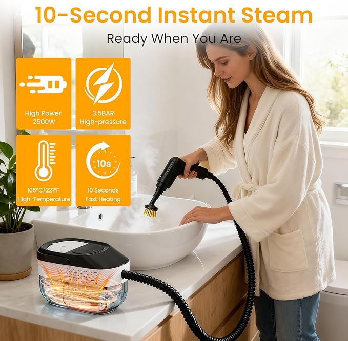 Steam Cleaner 1.6L Adjustable Pressurized Steamer for cleaning 15s Heat-Up 2500W Handheld Steamer Cleaning for Home|Car|Tile|Floor Multi-Surface Cleaning Machine with 22pcs Accessories