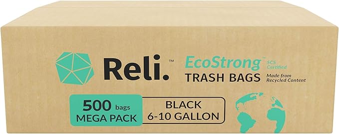 Reli. EcoStrong 6-10 Gallon Trash Bags | 500 Count Bulk | Black | Eco-Friendly | Made from Recycled Material