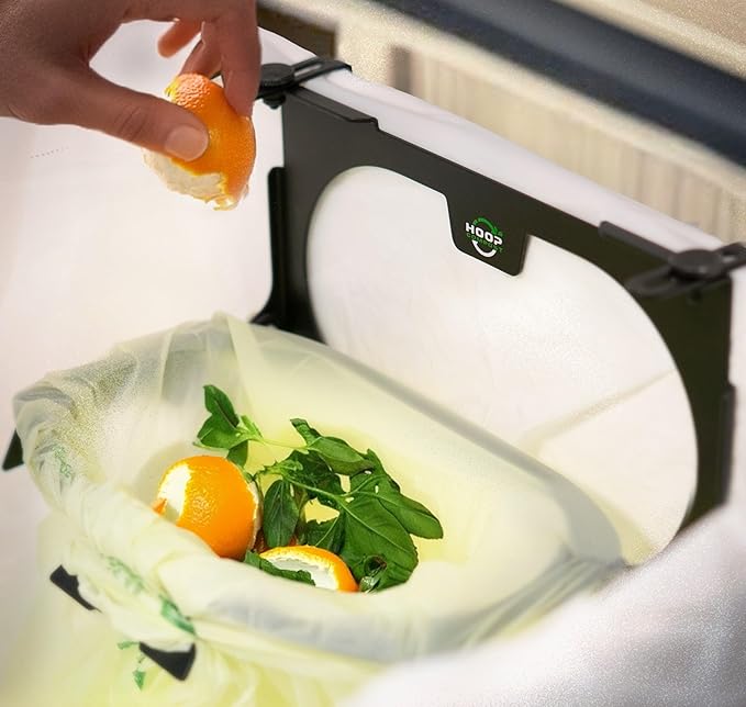 Hoop Metal Compost Bag Holder + 25 Compostable Bags 3 Gallon Clips to Kitchen Trash Can Kitchen Cabinet Door Replaces Countertop Compost Bin Hanging Trash Can.