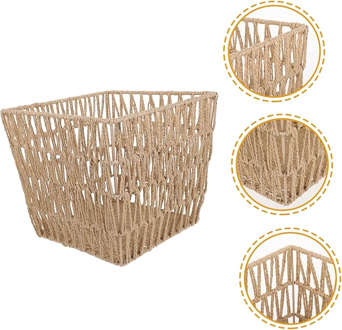 OUNONA Handwoven Trash Can Openwork Design Natural Woven Wastebasket for Home Office and Bathroom Storage