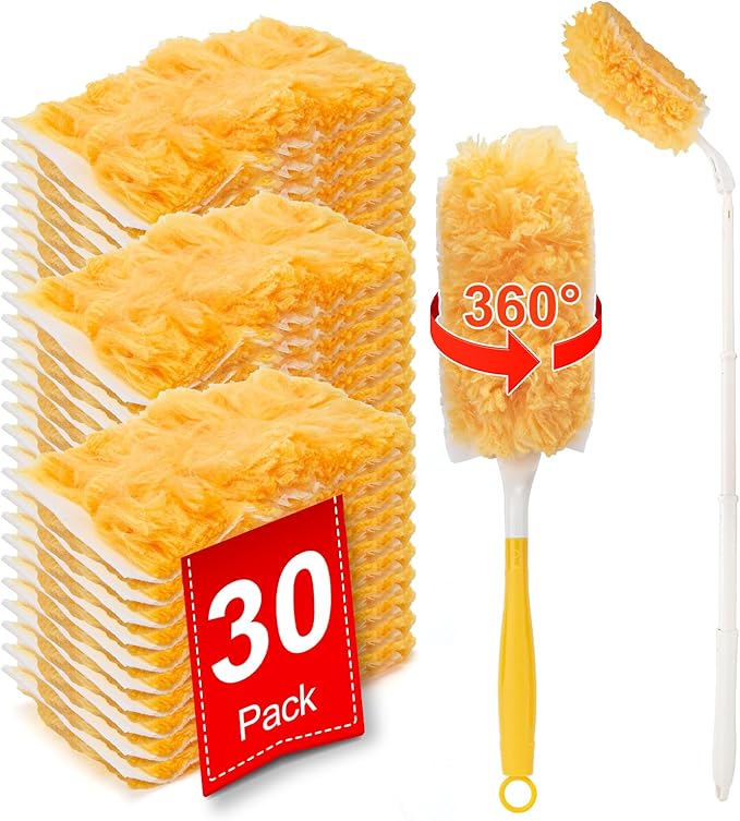 KeFanta 360° Heavy Duty Duster Refills Compatible with Swiffer Duster Disposable Dusting Kit for Cleaning 1 Extended Handle 1 Short Handle 30 Refills