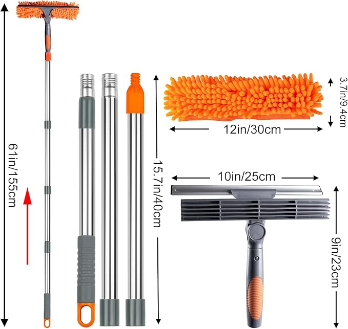 BITOPE 2 in 1 Squeegee for Window Cleaning ToolLong Handle Window Cleaner Tool with Stainless Steel Extension Pole for CarShower Glass Doors Outdoor High Window