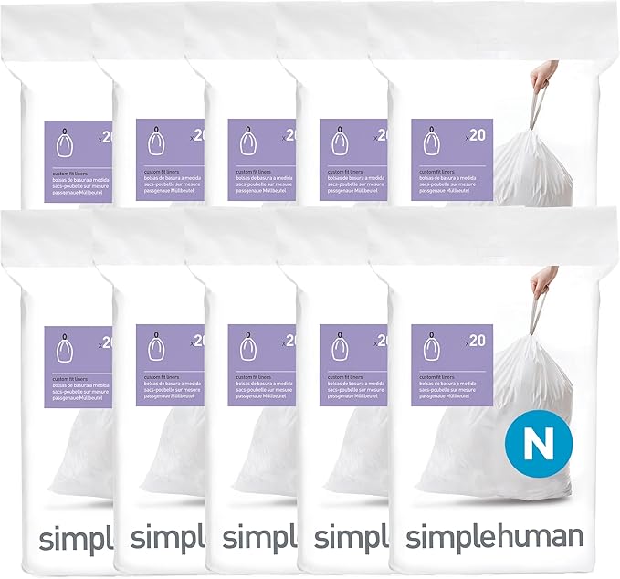 simplehuman Code N 200 Count Dispenser Pack Custom Fit Liners Drawstring Trash Bags 45-50 Liter / 11.9-13.2 Gallon White