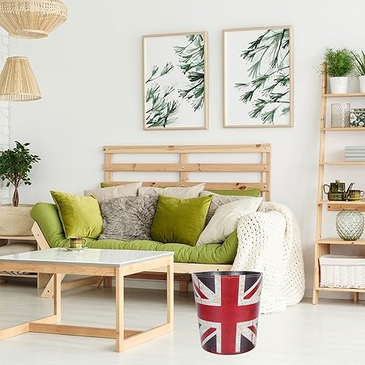VALICLUD European Style Leather Wastebasket with Union Jack Pattern Large Household Trash Can Open Top Decorative Garbage Bin for Office and Home Storage