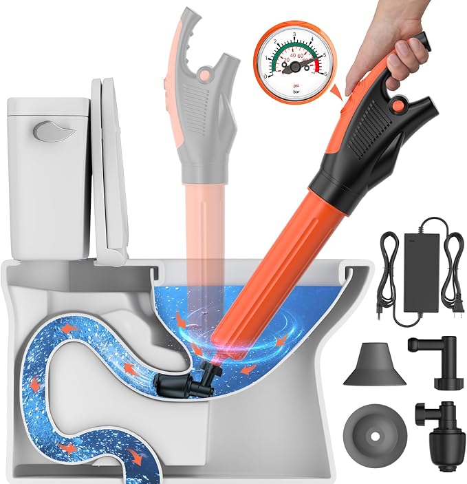 Electric toilet plungerToilet Auger with Pressure Gauge Electric Drain Snake for Clogged Toilet High-Pressure Toilet Auger plungers for bathroomPneumatic Toilet Auger Tool