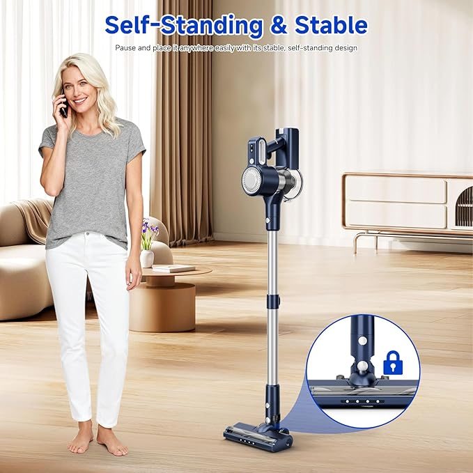 Cordless Vacuum Cleaner for Home: 6-in-1 Stick Vacuum with Powerful Suction Rechargeable Anti-Tangle Pet Hair Brush Self-Standing Green LED Headlight Vacuum for Carpet &amp Hardwood Floors-Dark B