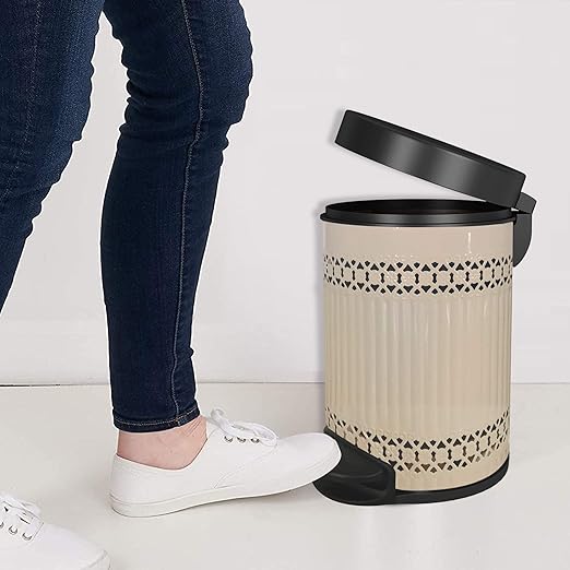 nu steel 5 Liter Round Small Metal Step Trash Can Wastebasket Garbage Container Bin - for Bathroom Powder Room Bedroom Kitchen Craft Room Office - Removable Liner Bucket - 8 x 8 x 12 – Ivory