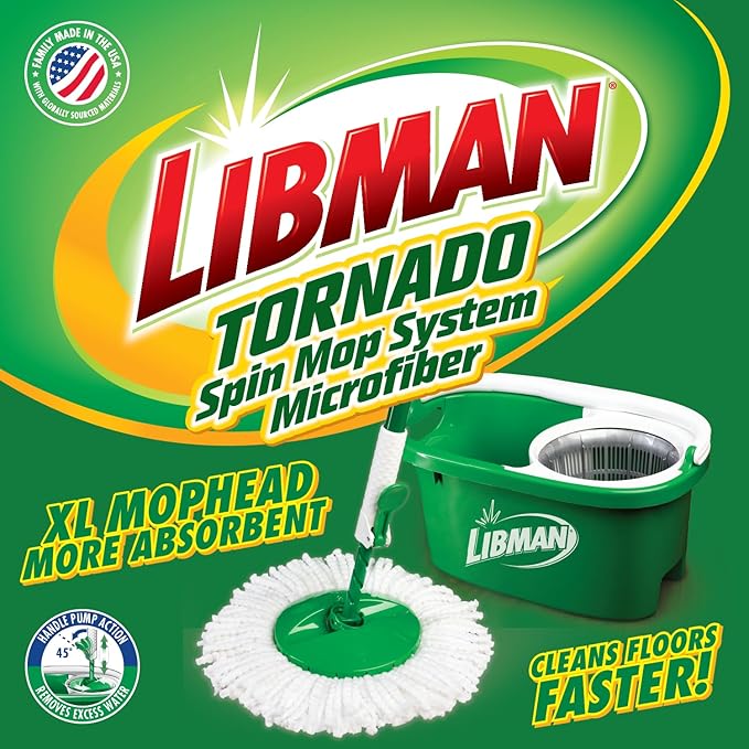 Libman Tornado Spin Mop System with 2 Refill Heads Microfiber Spinning Mop and Bucket with Wringer Set for Home Floor Cleaning of Hard-Wood Laminate Tile All Surface Cleaner 3 Total Mop Heads