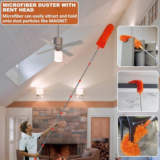 20 Ft+ High Reach Cleaning Tool Kit - Microfiber Feather Ceiling Fan Duster &amp Cobweb Duster with 3-14 ft Spliceable Pole Duster for Cleaning Fan Spider Web Ceiling Blinds Furniture Clean