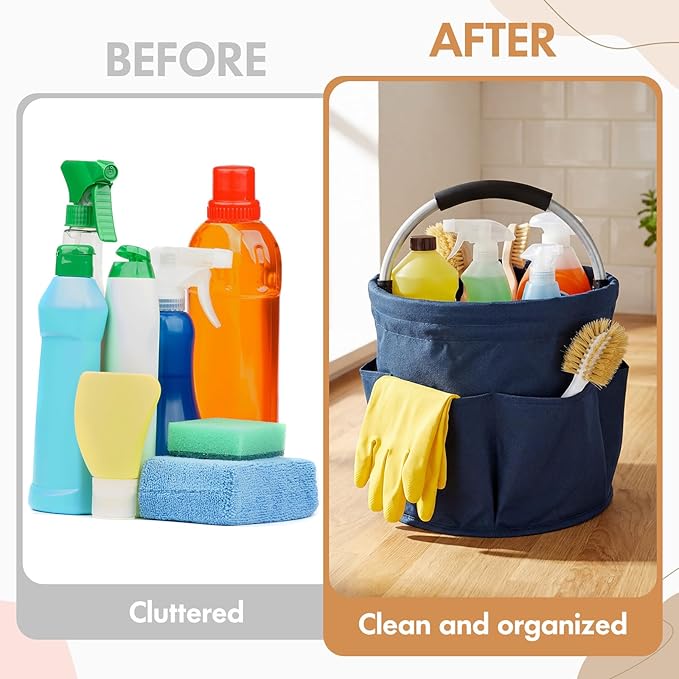 LemonRoad 4 Pack Cleaning Caddy with Handle 17L Foldable Cleaning Supplies Organizer Oxford Cloth Storage Basket with 6 Pockets &amp Soft Grip Portable Multi Bucket Bag for Home Garden(4 Colors)