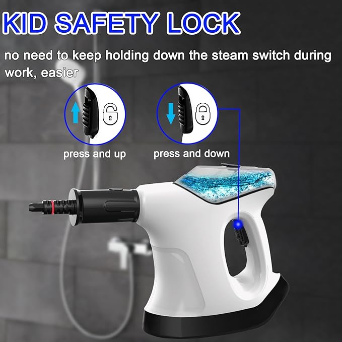 Handheld Steam Cleaner for Home 10S Immediate Heat Hand Held Steam Cleaner with Visualized Large Water Tank &amp 9 PCS Accessories &amp Safety Lock for KitchenCouchFloorWindowCar (WHITE+BLACK