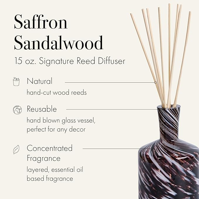 LAFCO New York Signature Fall Reed Diffuser Saffron Sandalwood - 15 oz - Up to 9 Months Fragrance Life - Reusable Hand Blown Glass Vessel - Natural Wood Reeds - Made in The USA