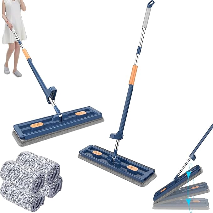 Large Flat Mop 2023 Large 16’’ Flat Mop Wet and Dry Use360° Freely Rotating Head Self-Contained Dewatering Scraper with 2/4 Microfiber Pads 12027(Blue4Pcs)