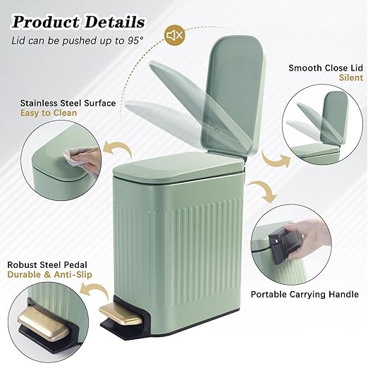 Soddeph Small Narrow Bathroom Trash Can with Lid Bathroom1.6 Gallon Stainless Steel Wastebasket with Lid Soft CloseSlim Trash Can with Removable Inner Bucket for Toilet BedroomOffice (Green)