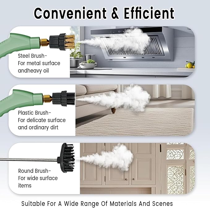 Handheld Steam Cleaner 1500W High Temperature Steam Cleaner with 1.1L Large Water Tank and 3 Brush Heads 6-gears Adjustable and 15 Seconds Fast Heating for Home Us