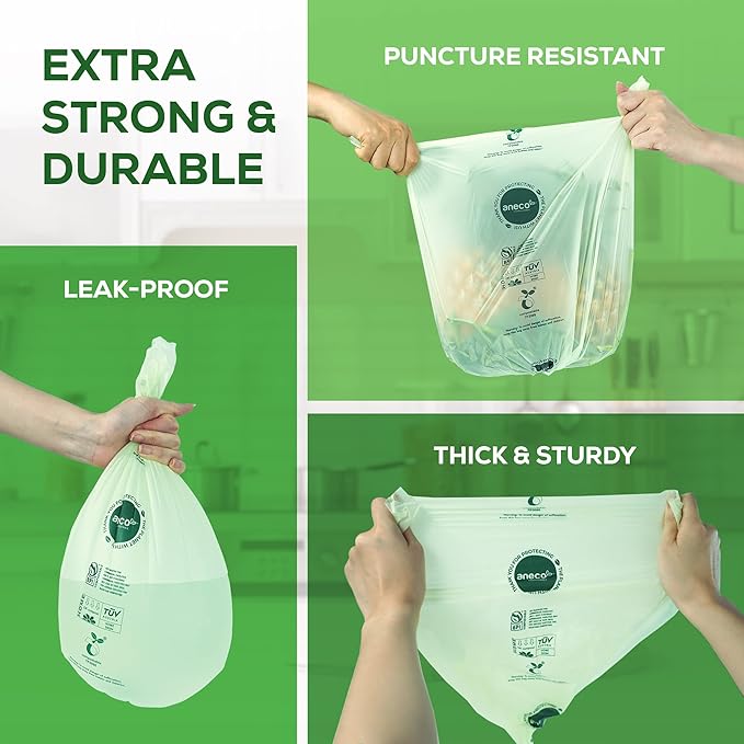 2.6 Gal (100 count) &amp 13 Gal (35 count) ANECO 100% Compostable Trash Bags Extra Thick Kitchen Compost Bags