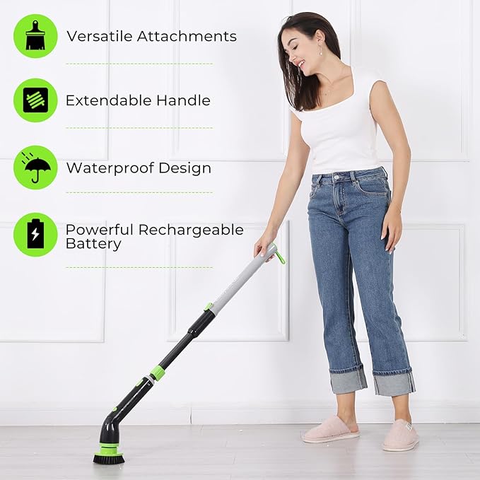 EasyScrub Cordless Electric Spin Scrubber - Powerful 350 RPM Cleaning with 4 Replaceable Heads Adjustable Extension Handle IPX7 Waterproof Ideal for Shower Tiles Tubs and Grout