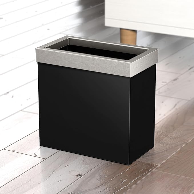 Gatco Small Bathroom Trash Can with Lid Rectangle 3 Gallon Stainless Steel Wastebasket Under Sink Matte Black and Satin Nickel for Bathroom Bedroom Office (1918SN)