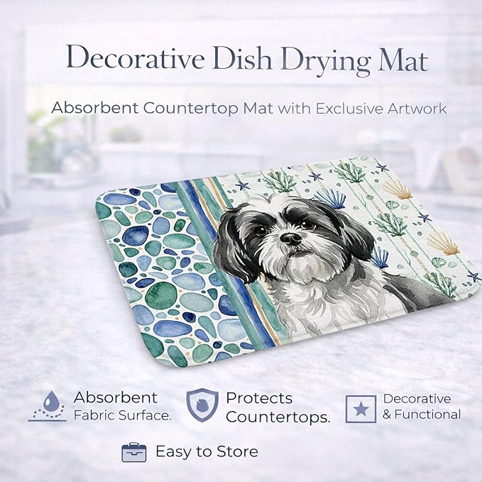 Caroline's Treasures Black and White Shih Tzu Coastal Sea Glass Dish Drying Mat Absorbent Dish Drying Mat Pad for Kitchen Counter Dish Drainer Mat for Countertop 14 x 21 Multicolor