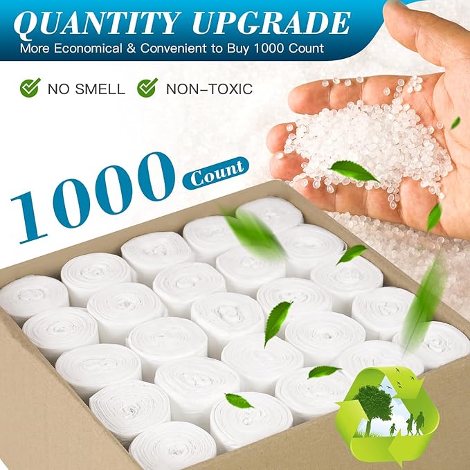 Charmount Small Trash Bags 2-4 Gallon 1000 Count Unscented White Plastic Wastebasket Liners for Bathroom Mini Garbage Can or Bin