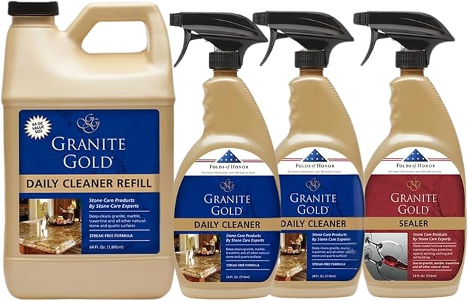 Granite Gold Daily Cleaner Spray 3-Pack with Sealer Spray 1-Pack for Granite Marble Travertine Quartz Natural Stone