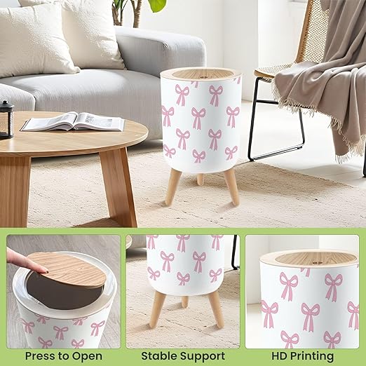 Bathroom Trash Can with Lid Seamless Hand Drawn Ribbon Bow Decorating Bow Pink Garbage Bin Waste Basket for Kitchen Office Bedroom Decoration Diaper Pail 1.8 Gallon