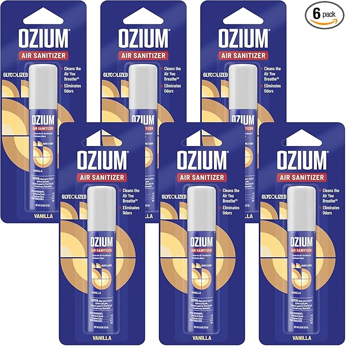 Ozium 0.8 oz. Air Sanitizer &amp Odor Eliminator for Homes Cars Offices and More Vanilla Scent Pack of 6