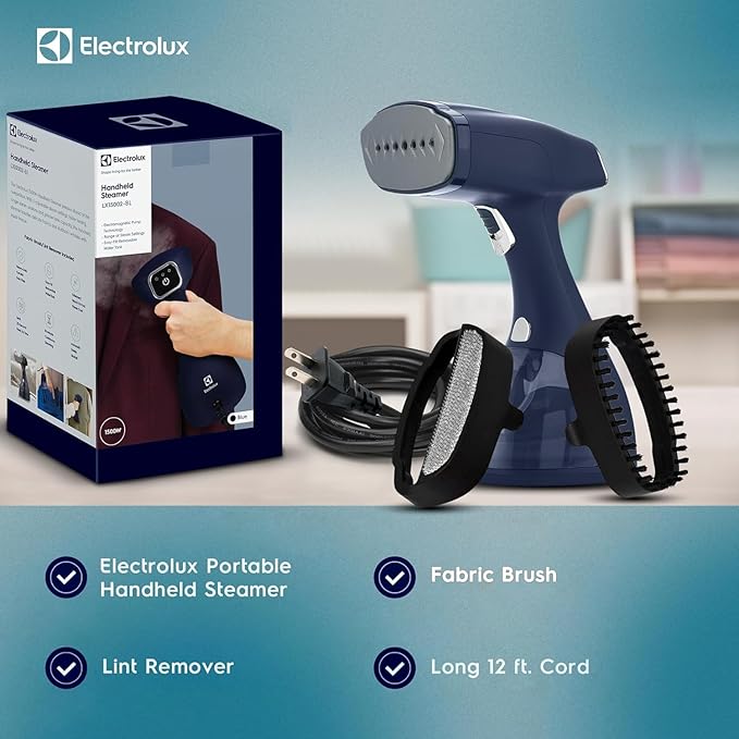 Electrolux Steamer for Clothes 1500 Watt Portable Handheld Fabric and Garment Steamer with Lint Remover &amp Fabric Brush Ultra-Fast Heat Up 18 Min Continuous Steam for Powerful Wrinkle Remover B