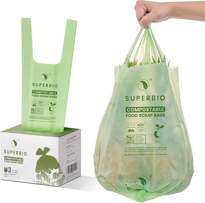SUPERBIO 3 Gallon Compostable Food Waste Bags 80 Count Food Scrap Bags with Handles ASTM D6400 BPI and OK compost INDUSTRIAL