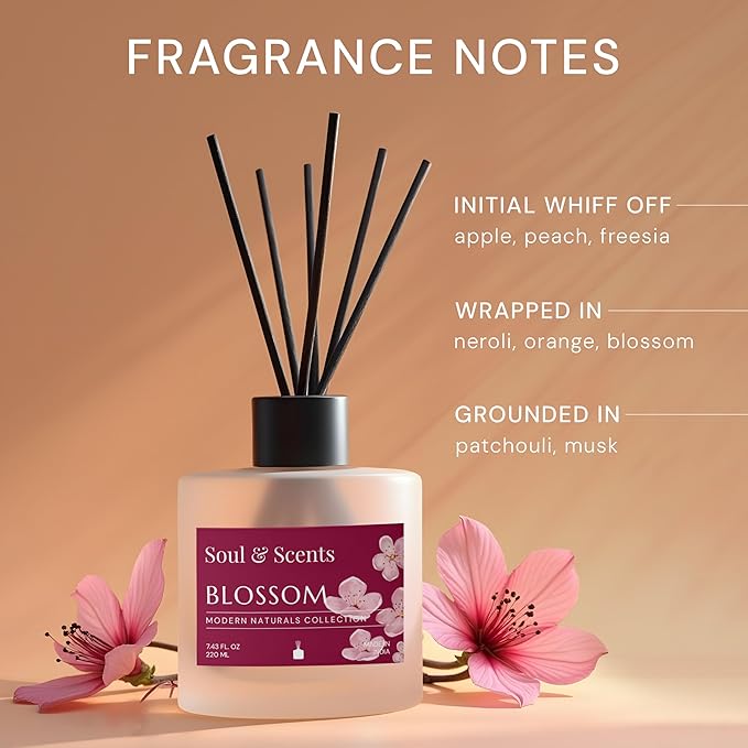 Soul &amp Scents Reed Diffuser Set – Blossom | 7.43 oz Refillable Scented Oil with 6 Fiber Sticks | Long-Lasting Home Fragrance &amp Air Freshener for Bedroom Bathroom Office | Gift &amp Décor Pi