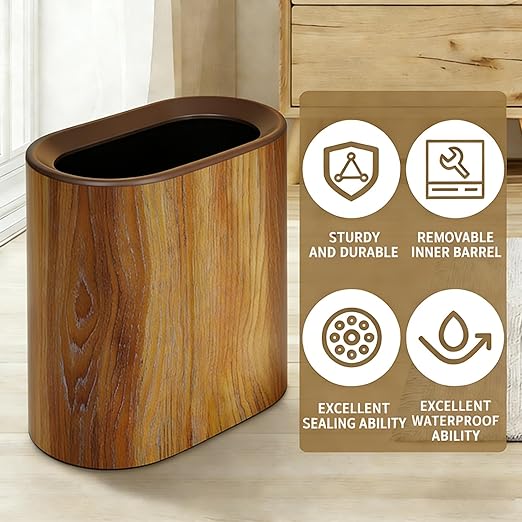 Trash Can for Bathroom 3.7 Gal Plastic Marble Wood Pattern Small Office Garbage Can for Bedroom Kitchen Slim Trash Bin Waste Basket Decorative Modern Trashcans (Plastic Wood Pattern)