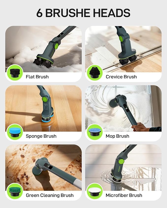 Electric Spin Scrubber Cordless Power Scrubber with Dual Rotating Brush Heads Adjustable Angle Handle 90°-180° 6 Replaceable Attachments IPX7 Waterproof for Bathroom Tile Floor Tub (C1 Plus)