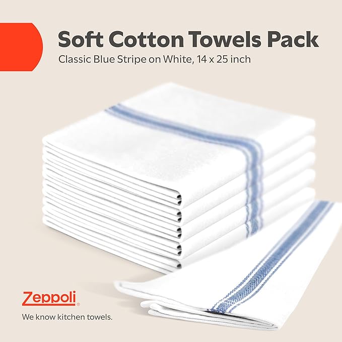 Zeppoli Classic Kitchen Towels - 45 Pack 100% Natural Cotton Towel Set Reusable Wash Cloths Absorbent Dish Towels Machine Washable Hand Towels Kitchen Essentials -14” by 25” Blue Striped