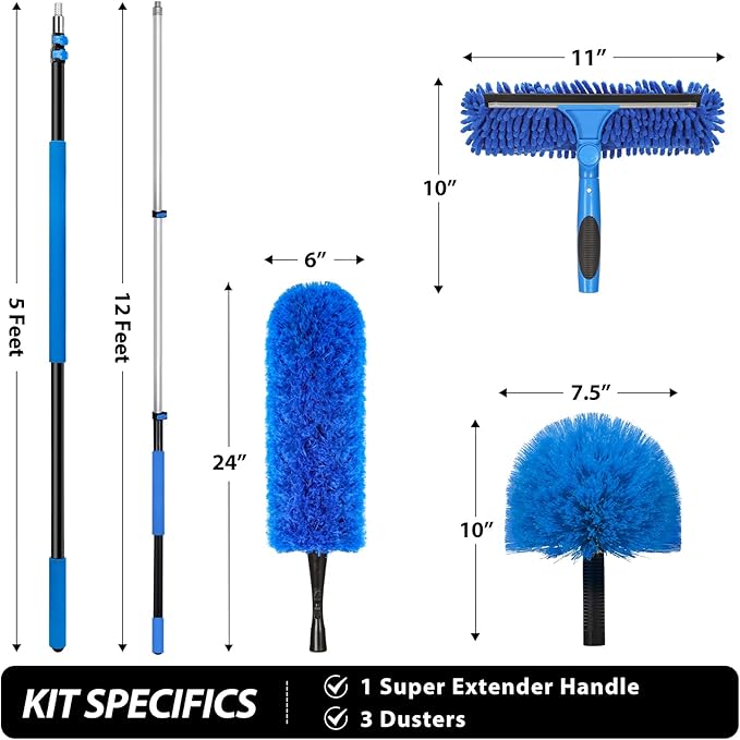 20 Feet High Reach Duster Kit with 5-12 Ft Extension Pole Cobweb Duster with Telescoping Pole Window Squeegee with Scrubber Spider Web Brush High Ceiling Fan Duster for High Window Interior Roof
