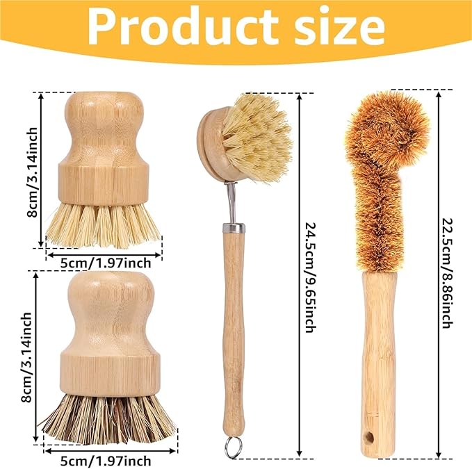 3/5Pcs Wooden Dish Brush Replaceable Long Handle Kitchen Cleaning Brush Set Natural Sisal Scrubbing Brush for Cleaning Pots Pan(4Pcs C)