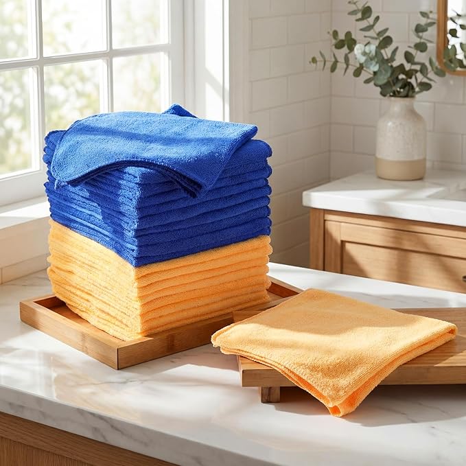 Nuenen 60 Pcs Microfiber Cleaning Cloths for Cars 16 x 16 Inch Ultra Absorbent Car Towels Drying Reusable Cleaning Supplies House Kitchen Window Microfiber Towel (YellowBlue)
