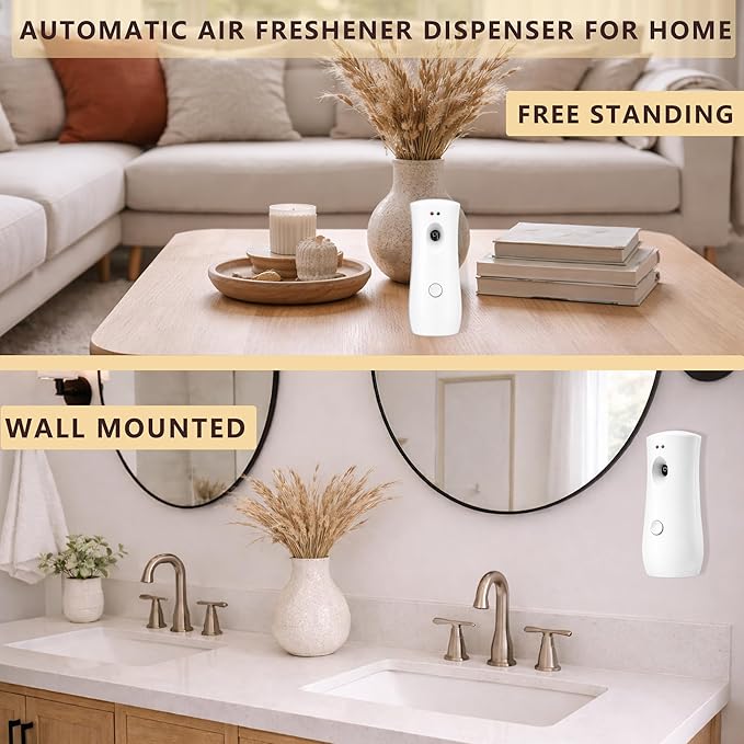 Automatic Air Freshener Spray Dispenser (2-Pack)Adjustable Time Spray Free Standing or Wall Mounted Battery Operated Machine for Home Indoor Bathrooms Offices Hotels and Commercial Places (W-01)