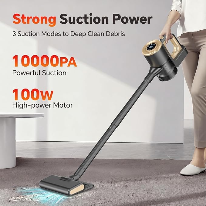 Cordless Vacuum Cleaner Powerful Suction Vacuum Cleaners for Home Stick Vacuum Cordless Rechargeable with LED Screen and 3-Speed Suction Lightweight Vacuum for Hard Floors Carpets Pet Hair Gold